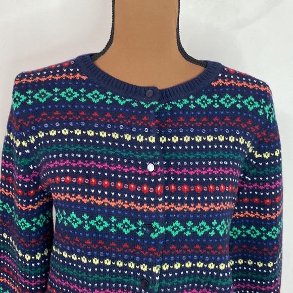 Talbots navy wool blend fair isle colorful sweater cardigan with sequins size L - Picture 5 of 13